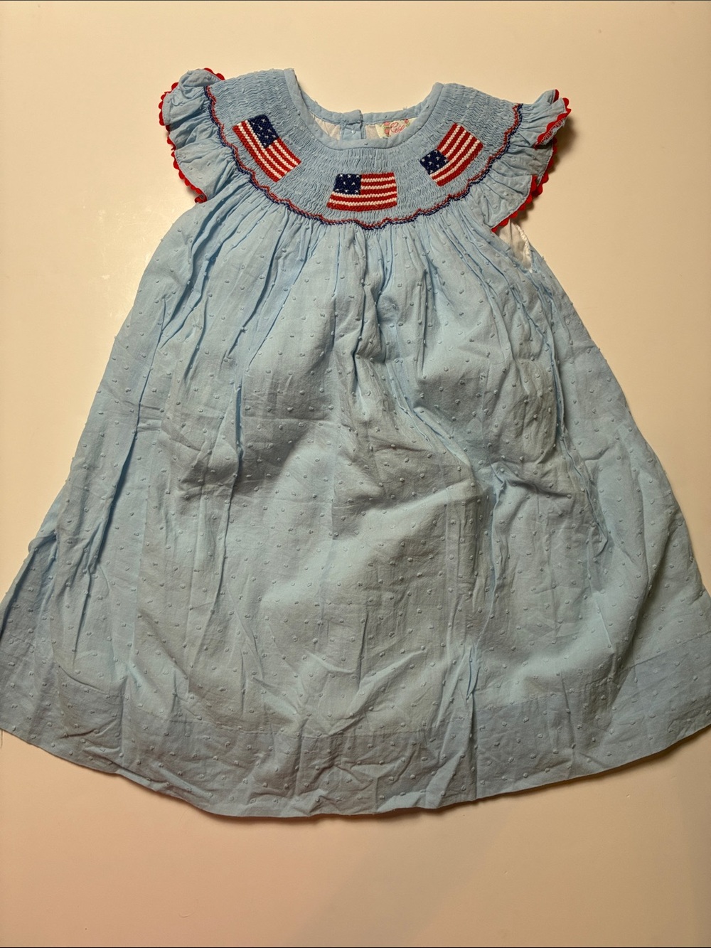 Light Blue Smocked Kids Dress with Flag Motif